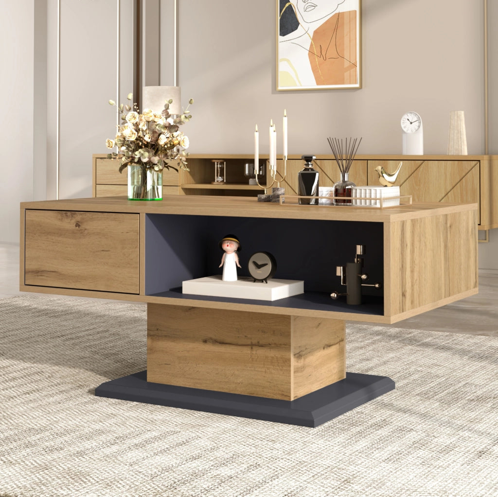 Tavolino da salotto moderno 100 x 50 x 46;5 cm con doppio vano portaoggetti; rovere e grigio