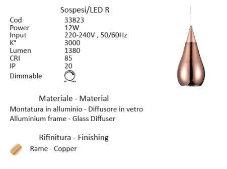 SOSPESI-LED R Sospensione 1 luce a led 12W 3000k colore rame senza base d.10cm h23cm