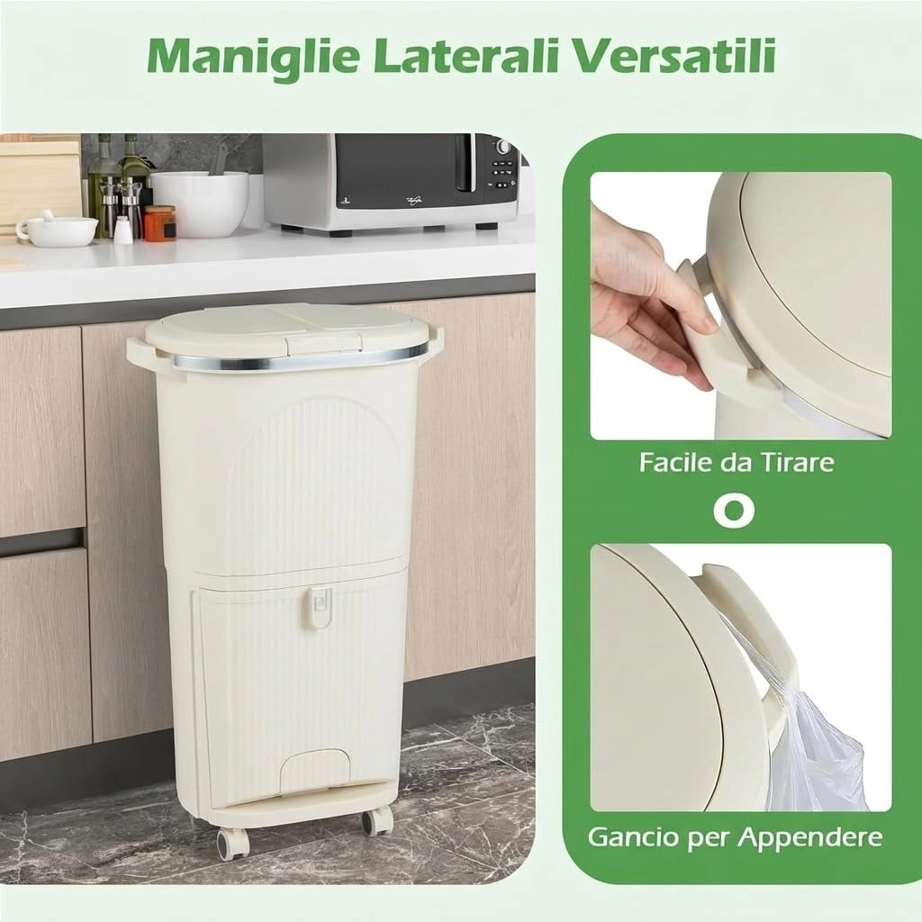 38 L（12+12+14 L） Pattumiera Differenziata, Secchio Spazzatura a 3 Scomparti con Coperchi, 2 Secchi Rimovibili Pedale e Ruote, Bidoni Differenziata per Bagno Cucina Ufficio