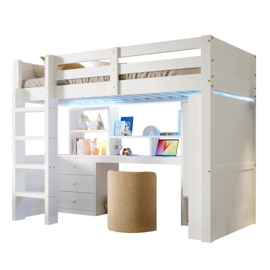 OKWISH Letto A Soppalco 90×200 cm, Letto Singolo con LED Regolabile, Armadio, Scrivania, 3 Cassetti e Scomparti, senza Materasso, Bianco