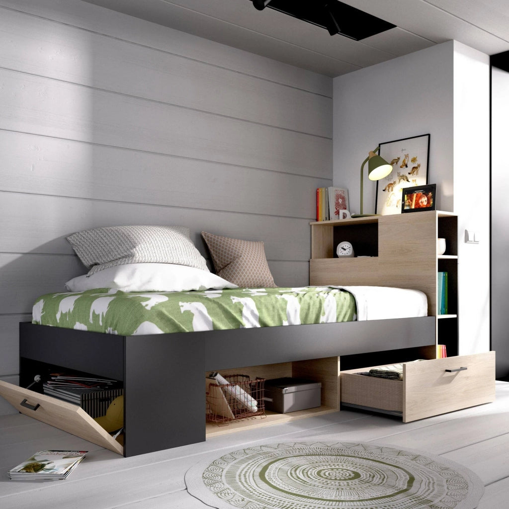 Letto per bambini Adrielle, Lettino per cameretta con testiera, Struttura per letto singolo con cassetto e scaffali, 218x99h96 cm, Rovere e Antracite