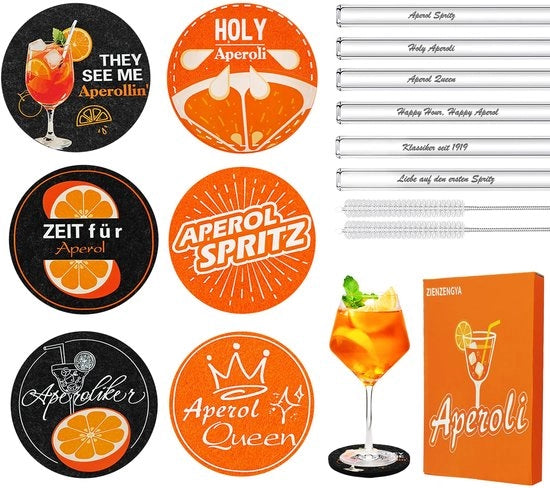 Set di regali Aperol Spritz 14 pezzi (6 sottopani Aperol, 6 bicchieri di rieto Aperol Spritz 20 cm con 2 set di spazzole per pulizia)