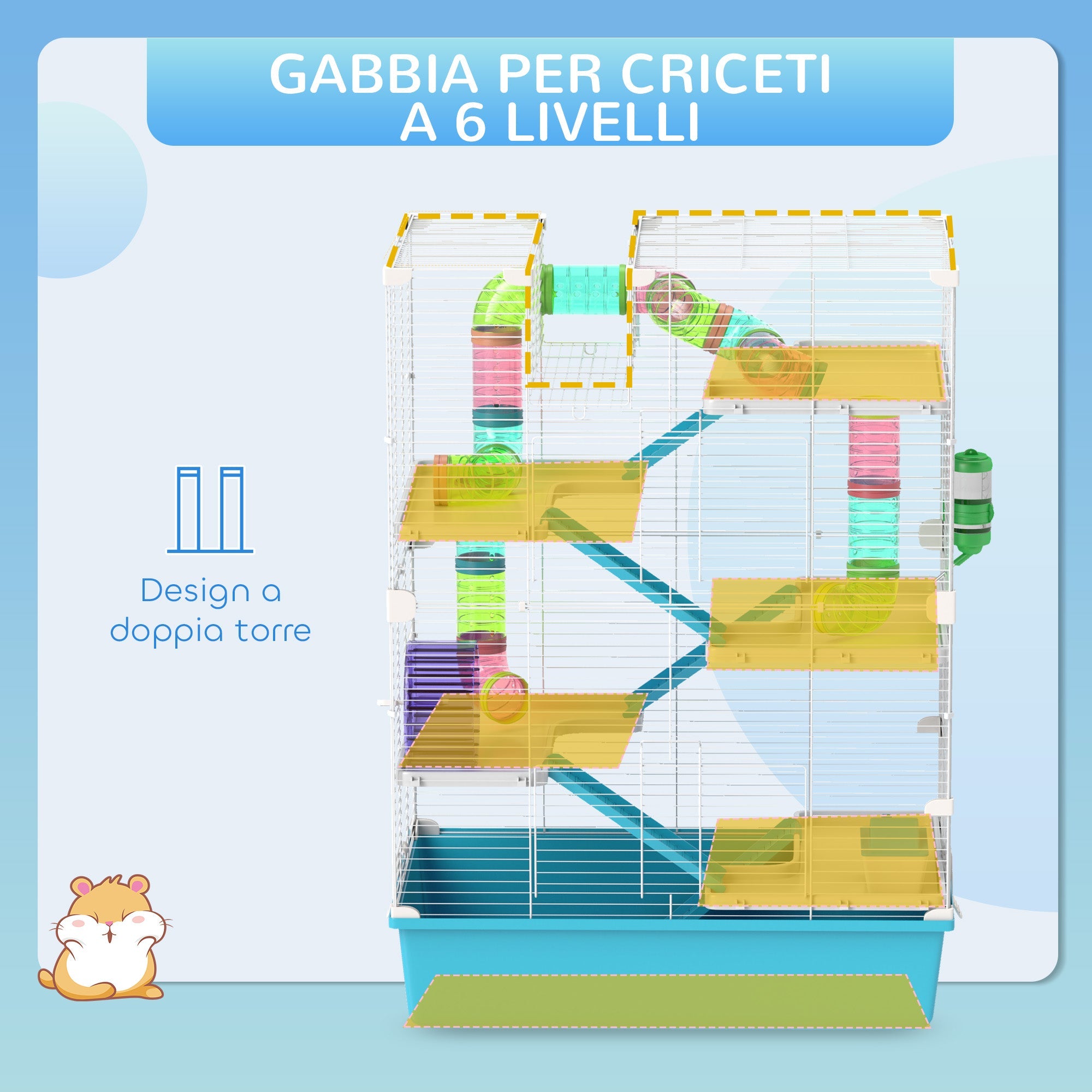 Gabbia per Criceti 6 Livelli 58x36x81 cm con Giochi Azzurra