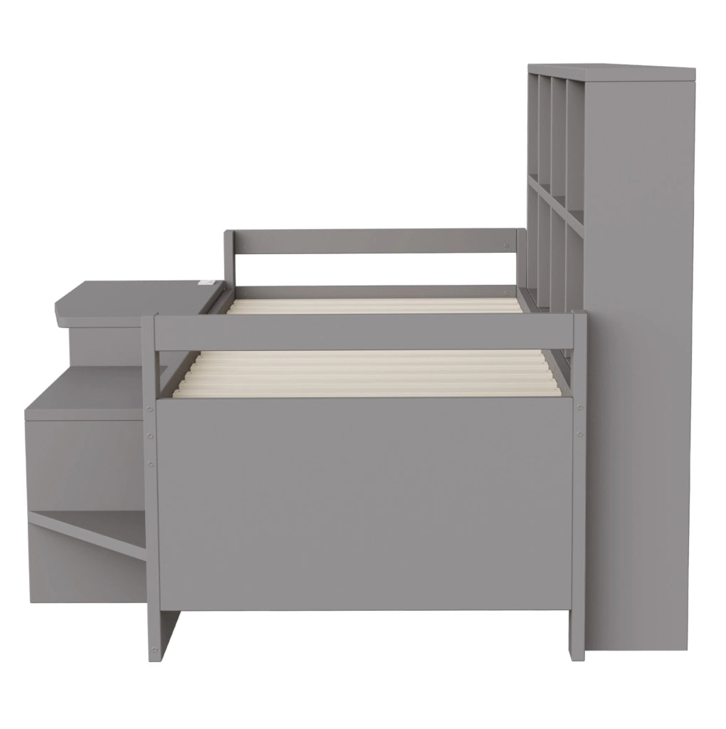 Letto multifunzionale 90x200 cm con scrivania; contenitori; LED e prese USB; grigio