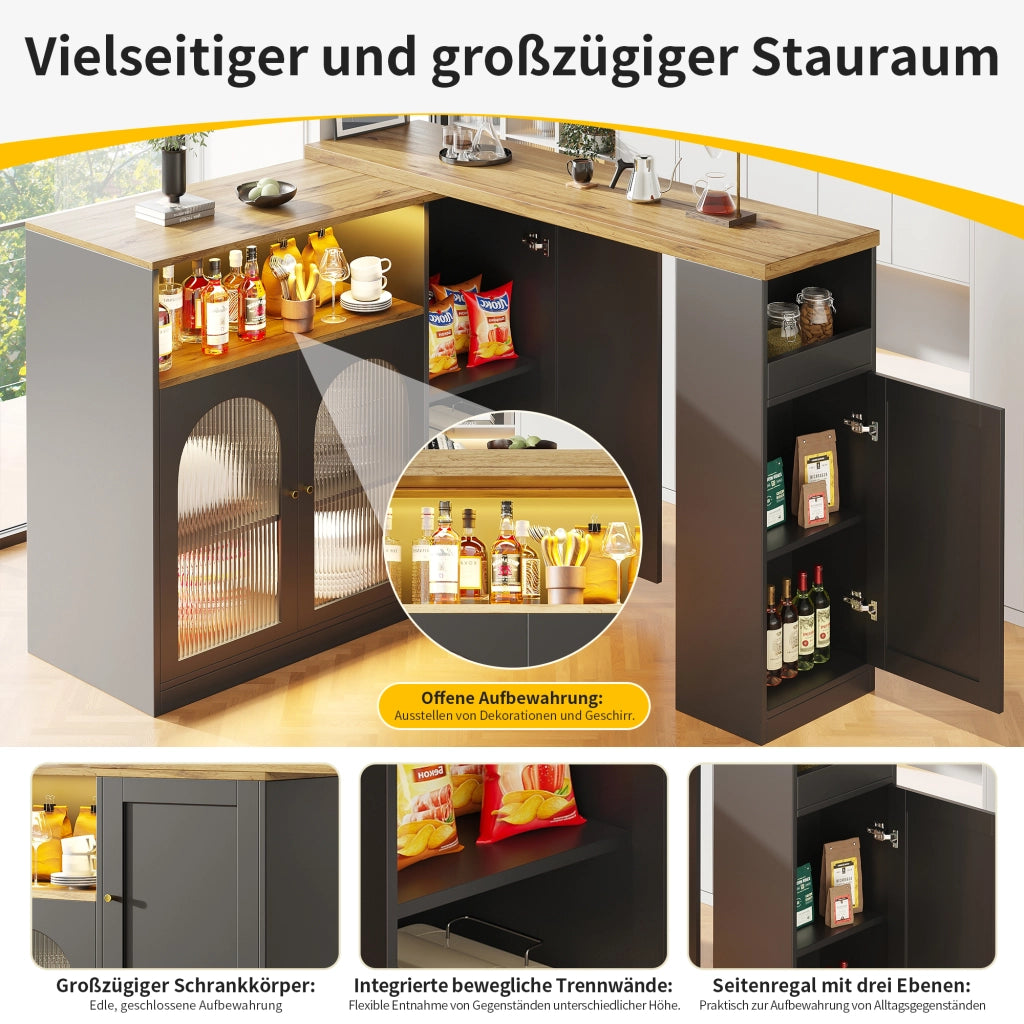 Mobile Bar con Piano Girevole 360; Ripiani Aperti; Anta in Vetro Rigato e LED per Cucina in MDF Nero