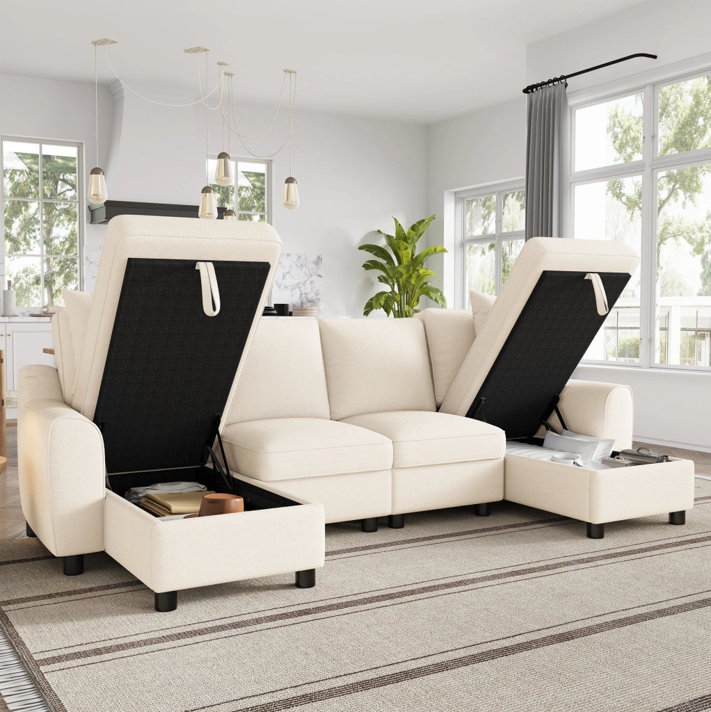 Divano a U moderno in ciniglia beige con chaise longue e vano contenitore