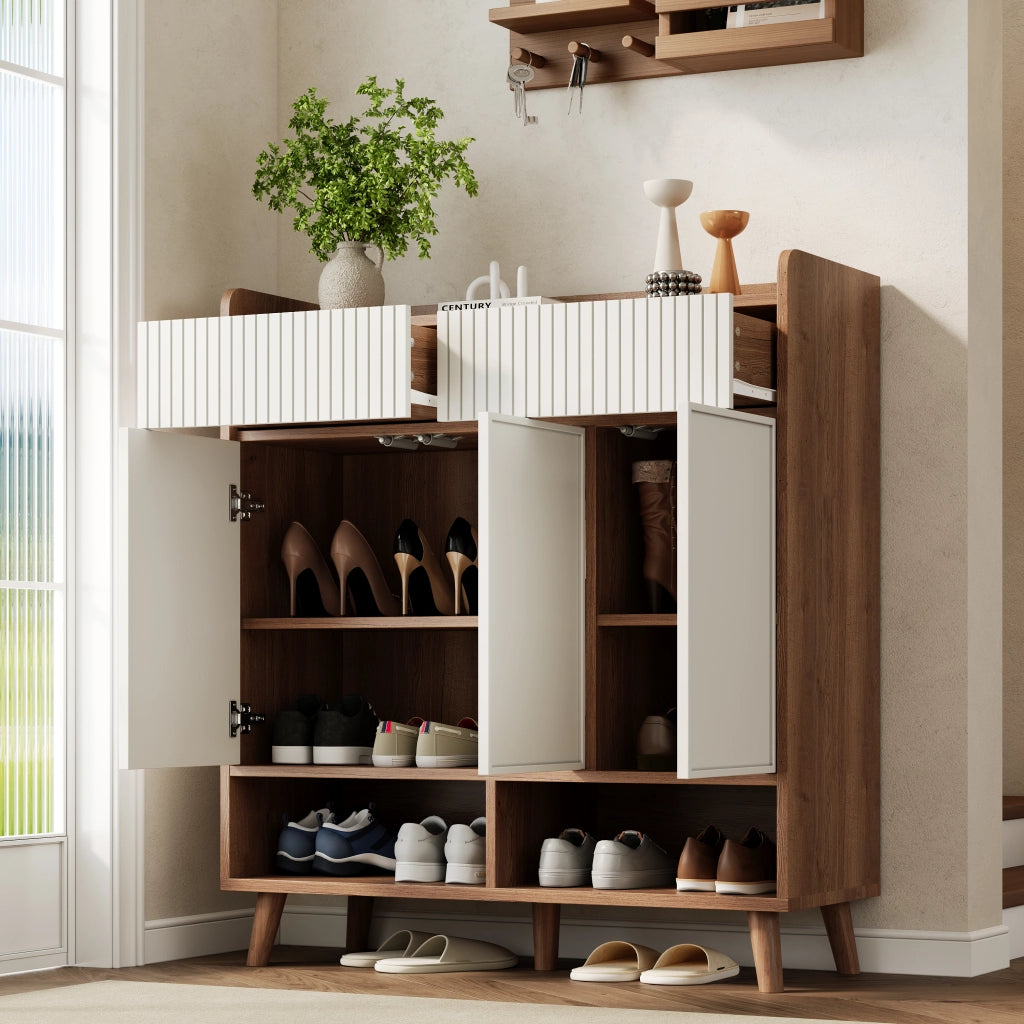 Scarpiera Consolle con 3 Ante e 2 Cassetti ¨C MINIMAL ¨C Bianco/Legno, 90x35x100 cm