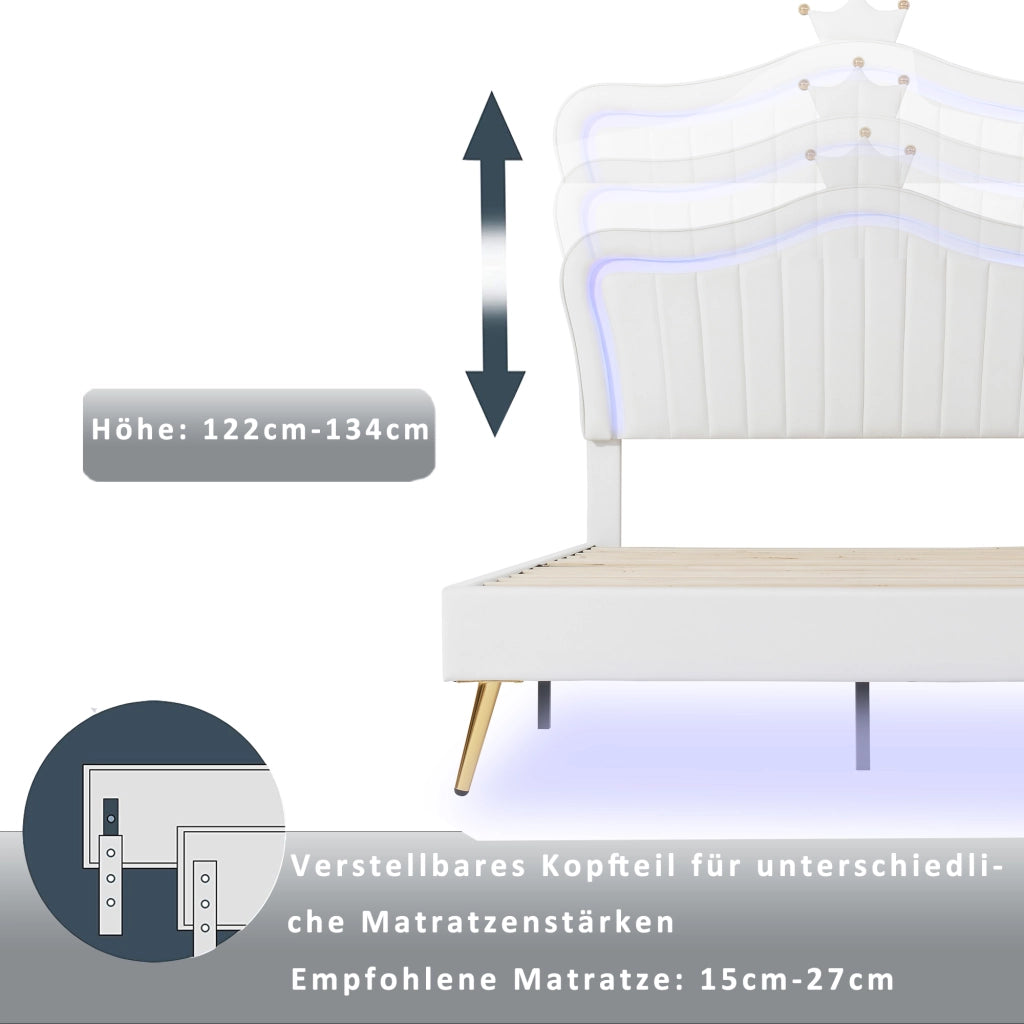 Letto bambino imbottito – 90x200 cm – LED testiera corona – PU bianco