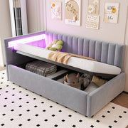 Letto imbottito 90x200 cm con LED, contenitore idraulico, tessuto effetto velluto, grigio chiaro