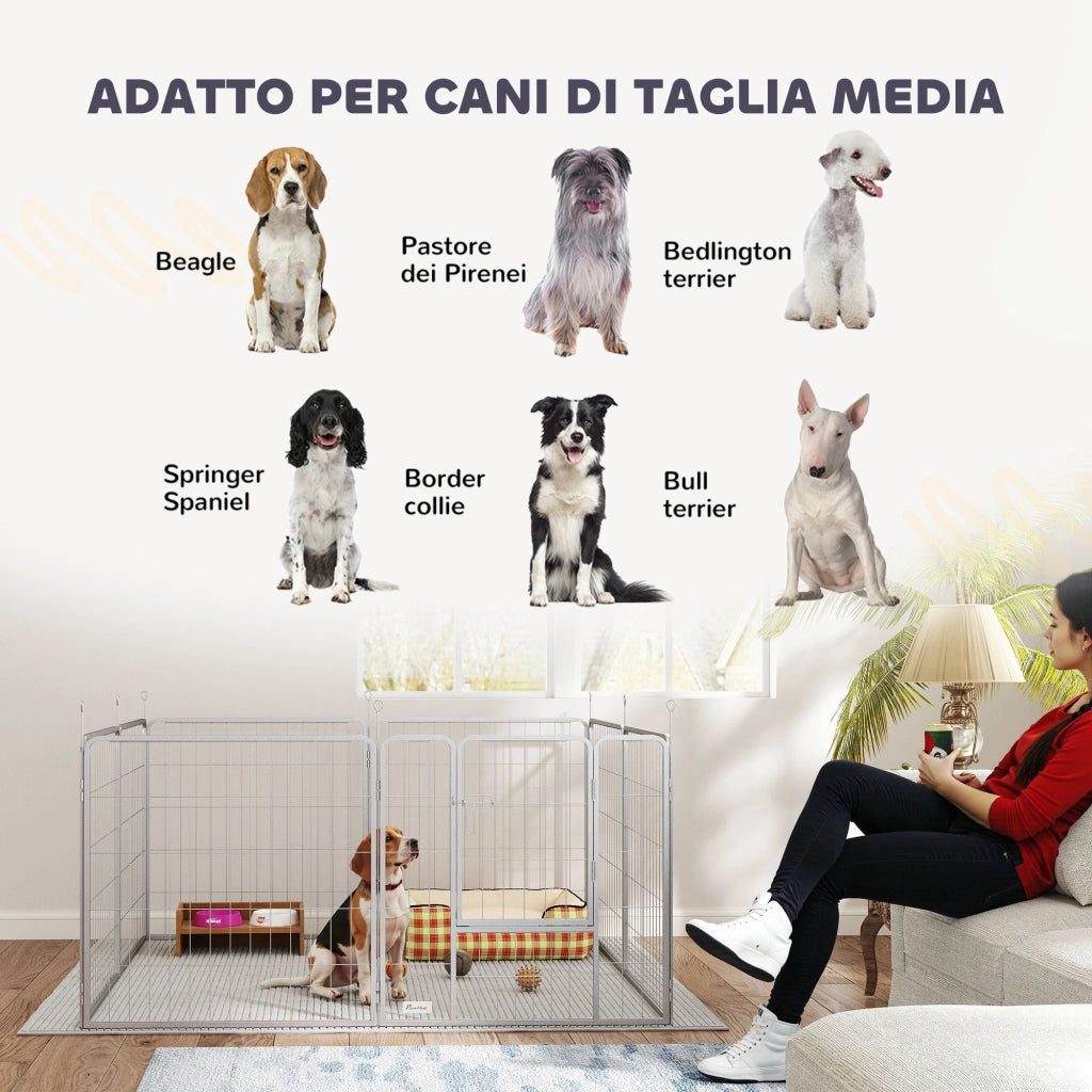 Recinto per Cani a 8 Pannelli Modulabili Pieghevole con Porta in Acciaio, Altezza 80 cm, Argento