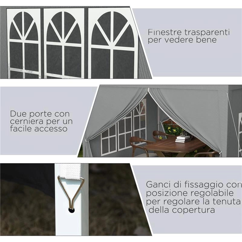 GAZEBO DA ESTERNO 3X3 M PIEGHEVOLE CON 4 PANNELLI LATERALI IN ACCIAIO E TESSUTO OXFORD GRIGIO CHIARO