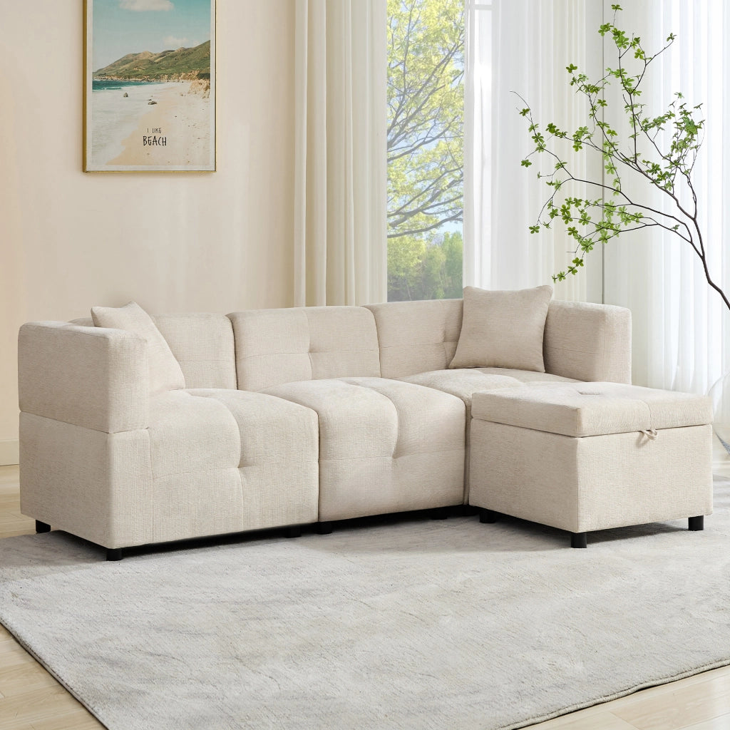 OKWISH Divano Angolare Reversibile 3 Posti, con Contenitore, Pouf Rimovibile e 2 Cuscini, Ciniglia Beige 204 × 126 × 69 cm