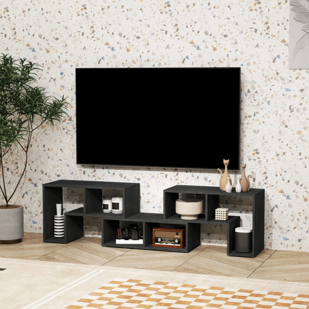 Mobile TV 75" max Modulabile con 2 Ripiani a L e Mensola Rettangolare, in Legno, 134-180x30.5x44 cm, Nero