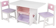 Set da tavolo in legno con 2 sedie e cassetti di ripostiglio, mobili per la camera dei bambini o sala giochi, bianco con tonalità pastello