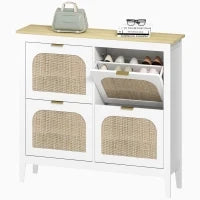 Mobile Scarpiera per 20 Paia di Scarpe con 4 Cassetti Ribaltabili in Legno e Rattan, 105x24x95,5 cm, Bianco