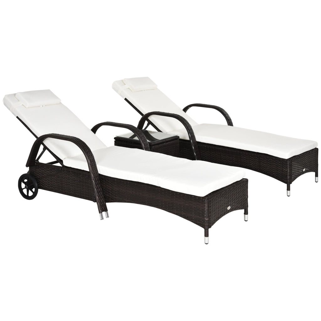 Set 3 Pezzi Lettini da Giardino ¨C Xylo ¨C 2 Lettini Polyrattan + Tavolino con Cuscini, Marrone e Beige