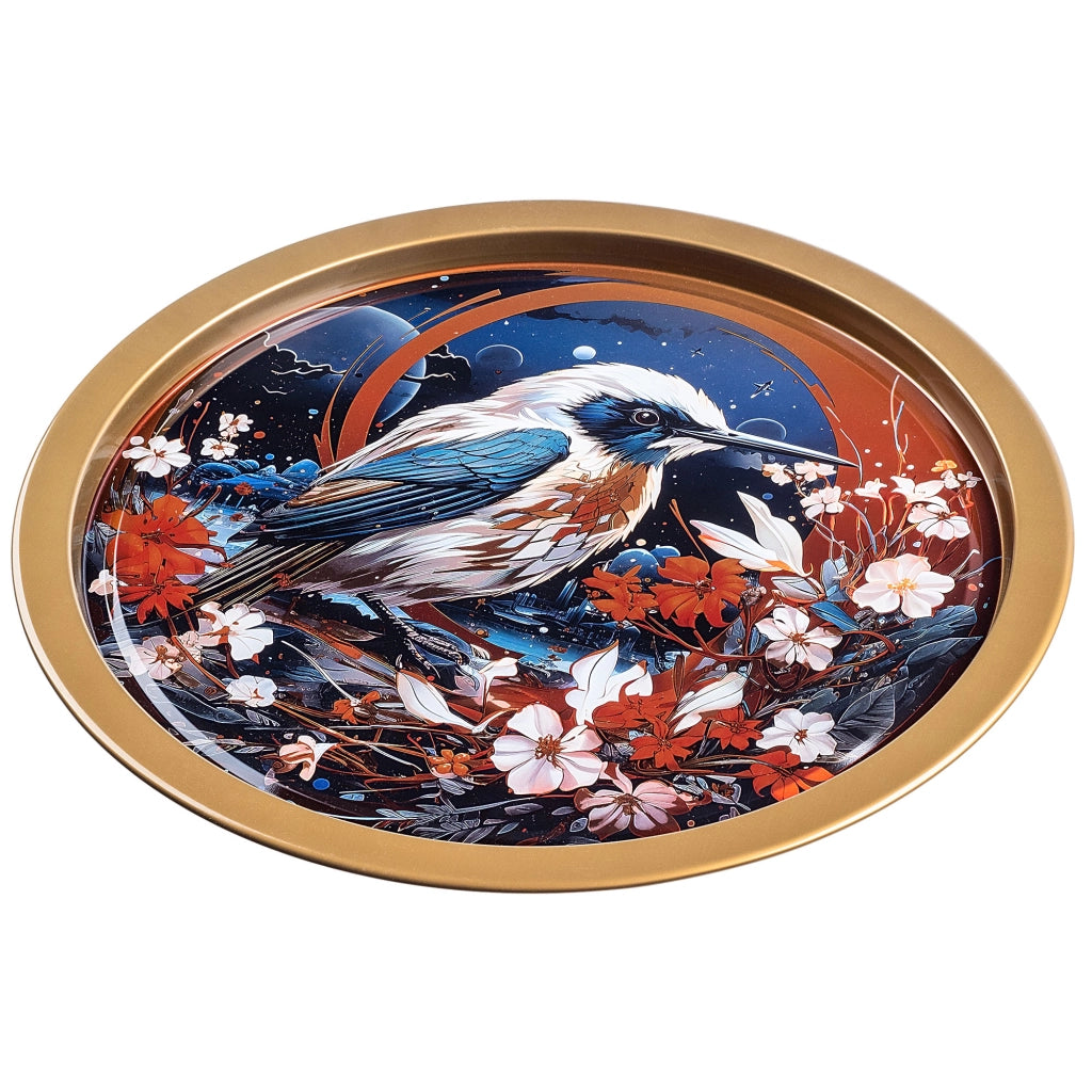 Vassoio decorativo da portata KADAX, rotondo, grande, con uccellino, in metallo, 32,5 cm