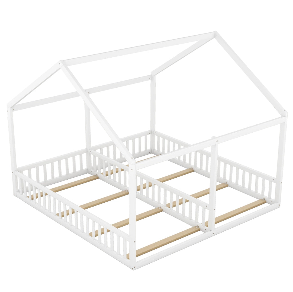 Letto a casetta doppio ULEVR 2 in 1 con due reti 90x200 cm, sponde di sicurezza, bianco