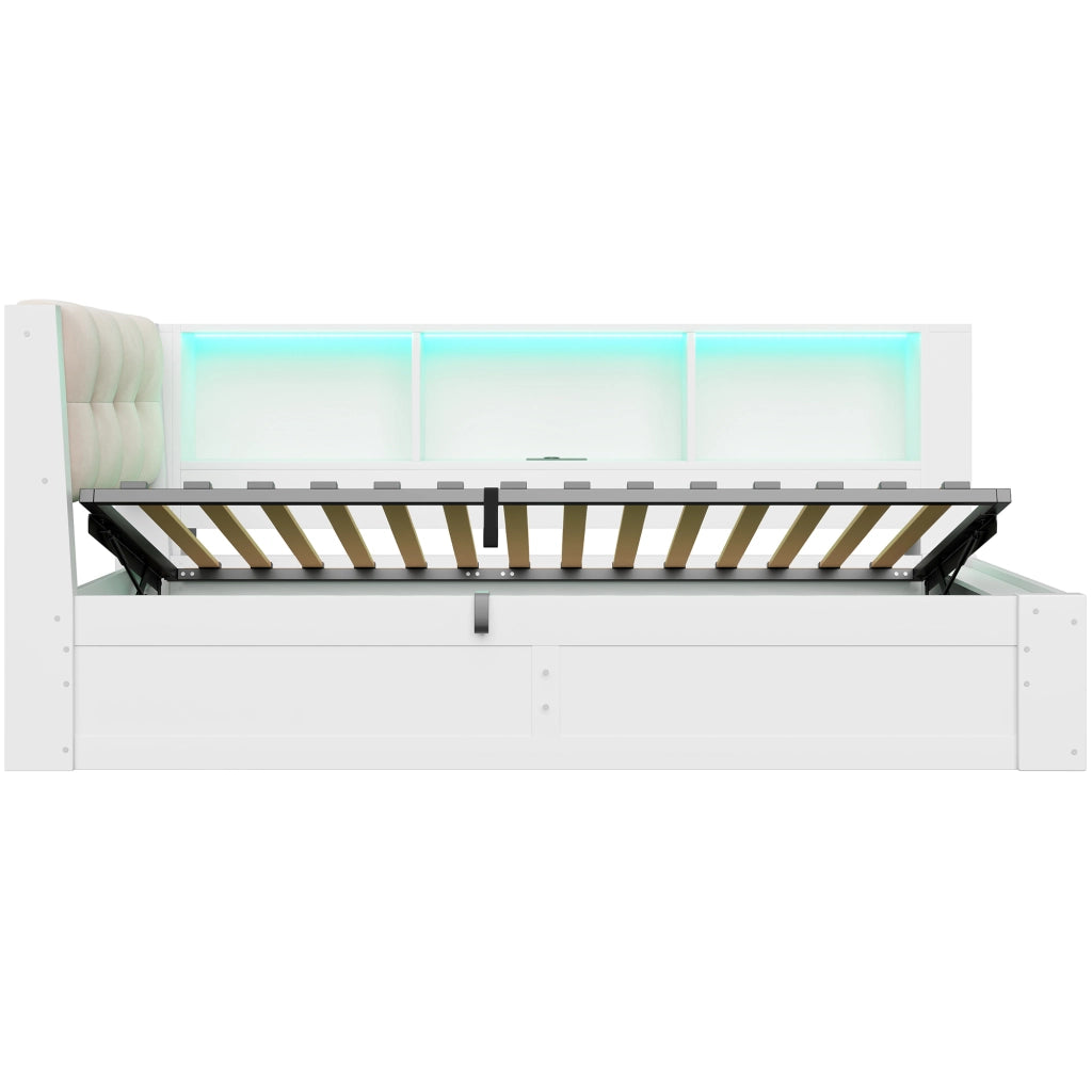 Letto singolo 90x200 cm con contenitore idraulico; LED dimmerabile e mensole; bianco
