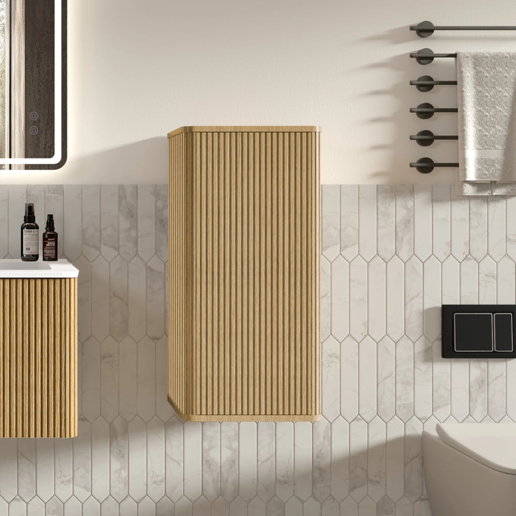 Mobile sottolavabo da bagno con armadietto laterale, lavabo in pietra composita, rovere e bianco, 80 cm