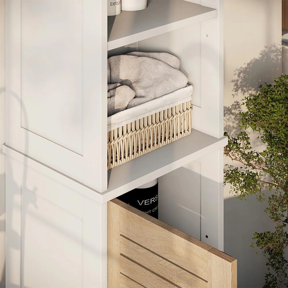 Armadio per il bagno Looma, Bianco/quercia, 35 x 173 cm con 6 scomparti, utilizzabile come armadio sovrapponibile per lavatrice o WC