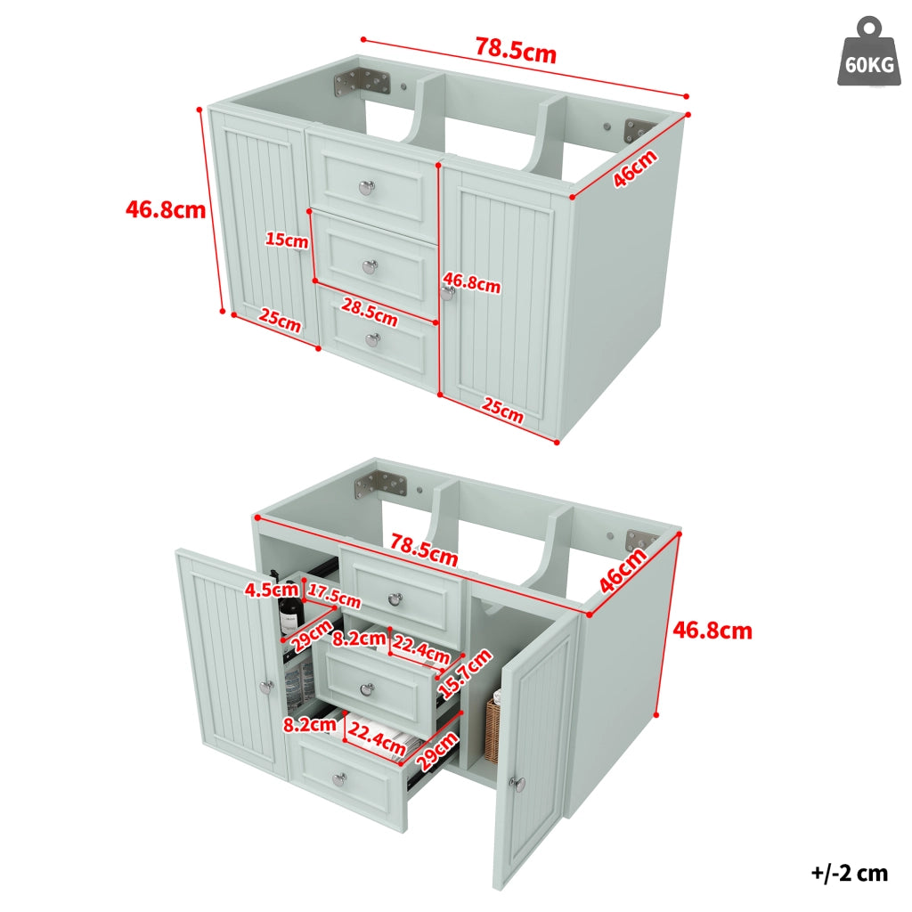 Mobile sottolavabo con 2 cassetti, vano contenitore e installazione a parete, per bagno, verde, 78,5 × 46 × 46,8 cm