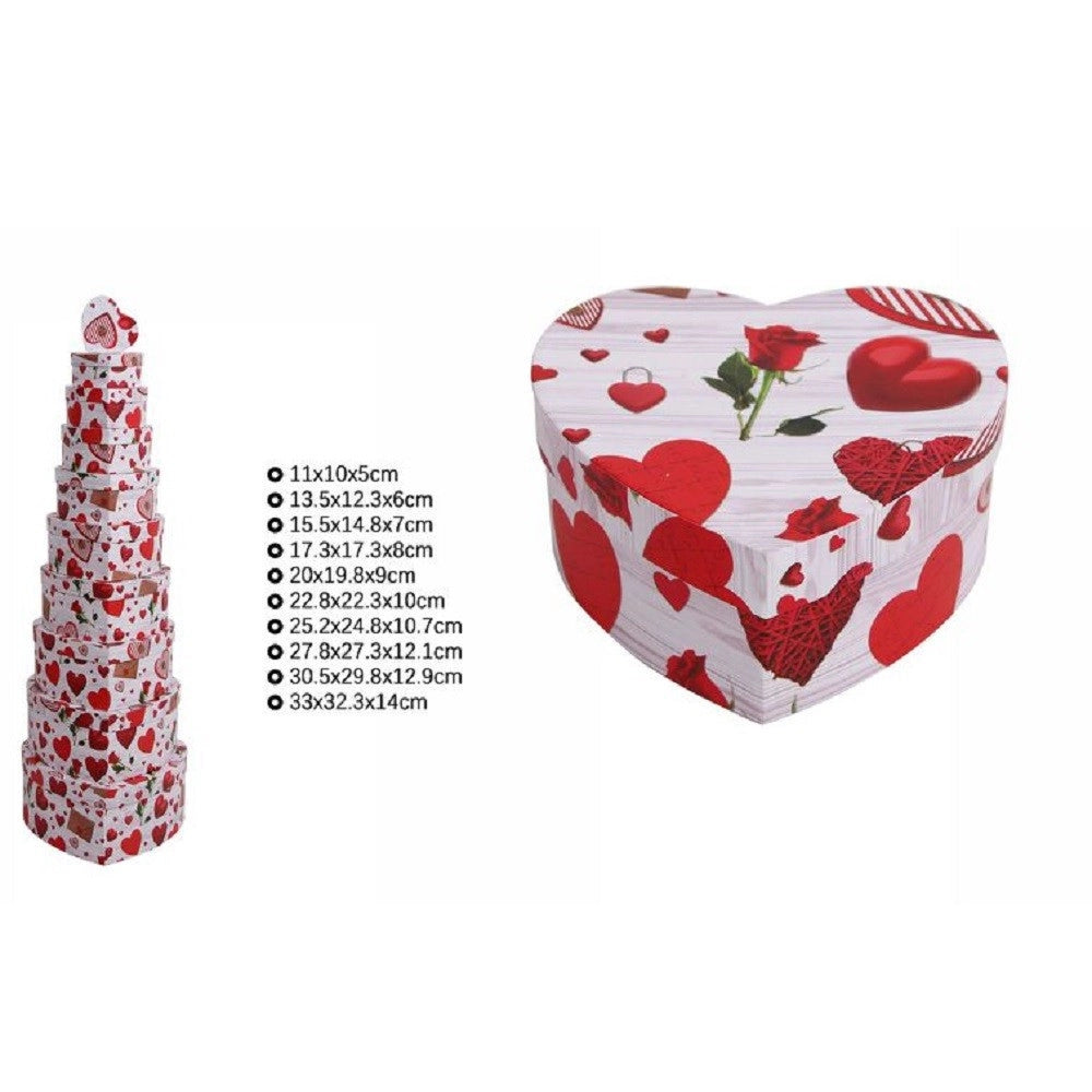 Trade Shop - Set 10 Pz Scatole Regali Varie Misure Matrioska Forma Cuore Fantasia Cuori 71971 -