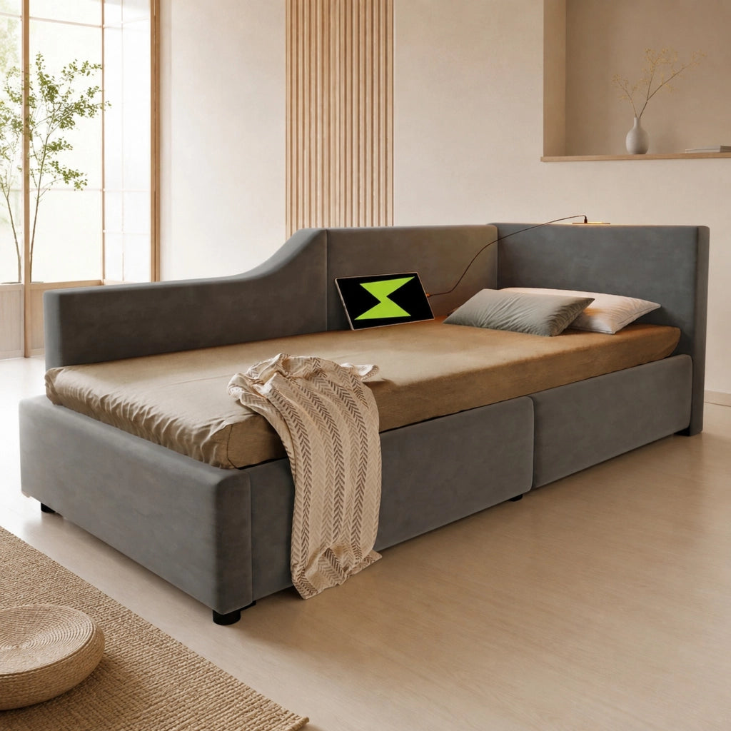 Letto a giorno imbottito 90x200 cm in velluto grigio con contenitore; lampada da lettura e USB-C