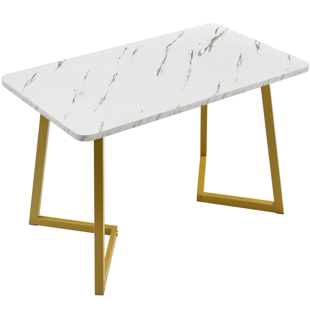 Tavolo da pranzo rettangolare con 4 sedie, piano effetto marmo, gambe dorate in MDF, nero e oro, per cucina