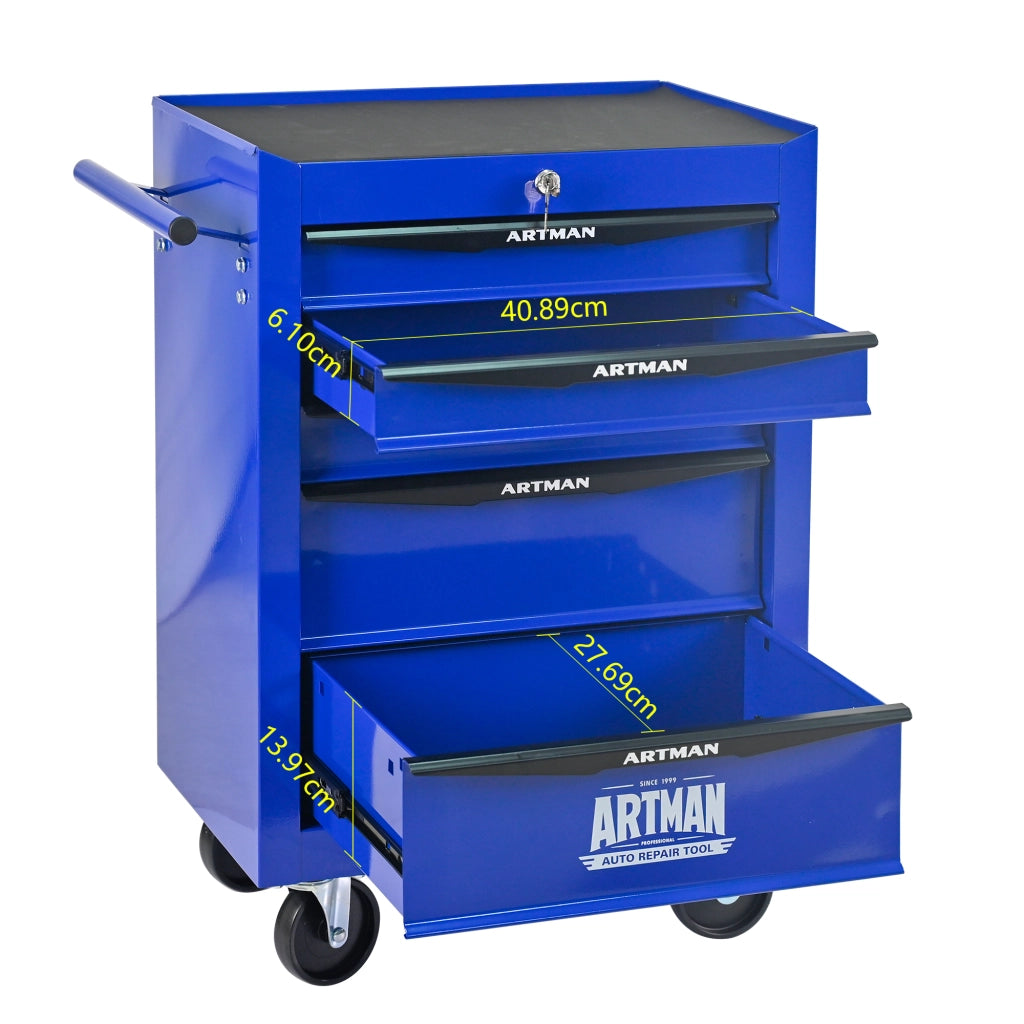 Carrello portautensili con 5 cassetti, ruote piroettanti, serratura e struttura in acciaio, per garage, nero e blu