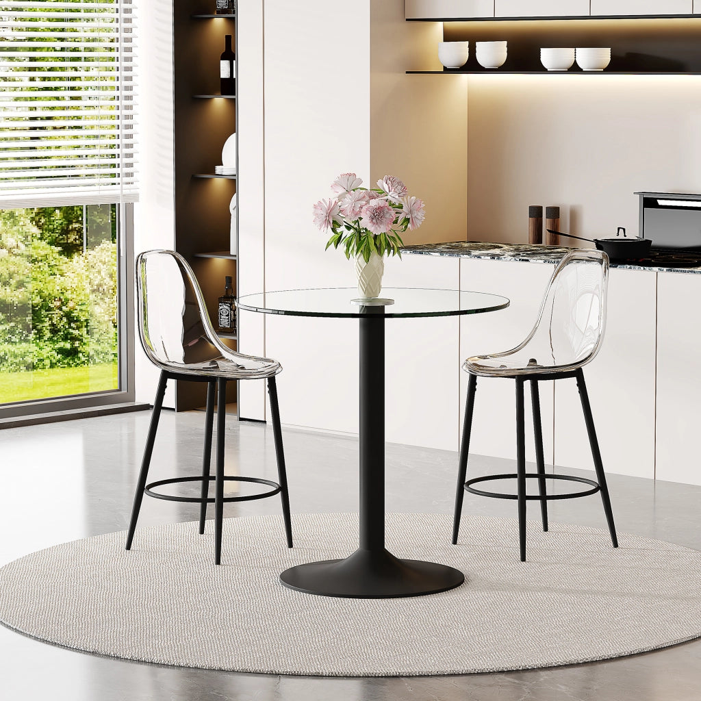 Set Bar Tavolo in Vetro 89 cm e 2 Sgabelli ¨C MINIMAL ¨C Nero, Metallo, con Poggiapiedi