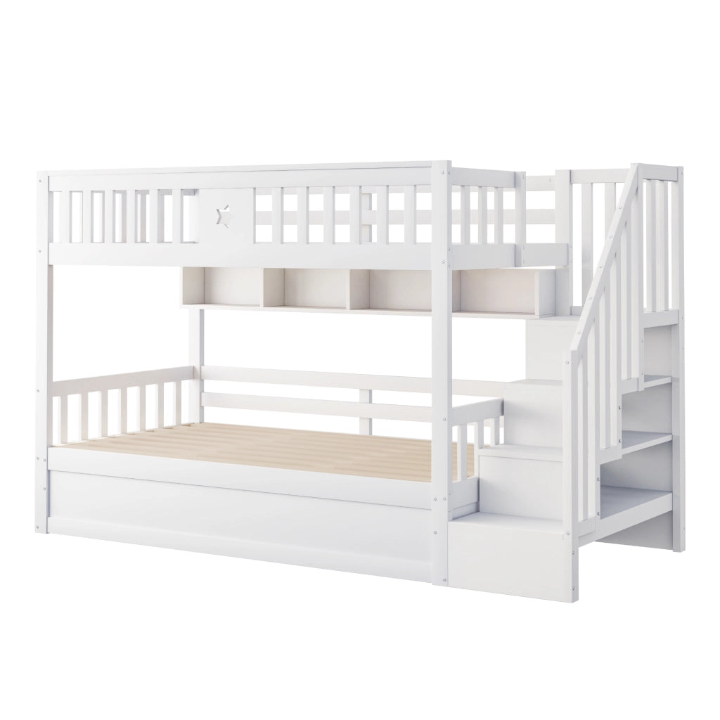 Letto a Castello 90x200 cm; Contenitore; Libreria; Scala con vani; in Legno; Bianco