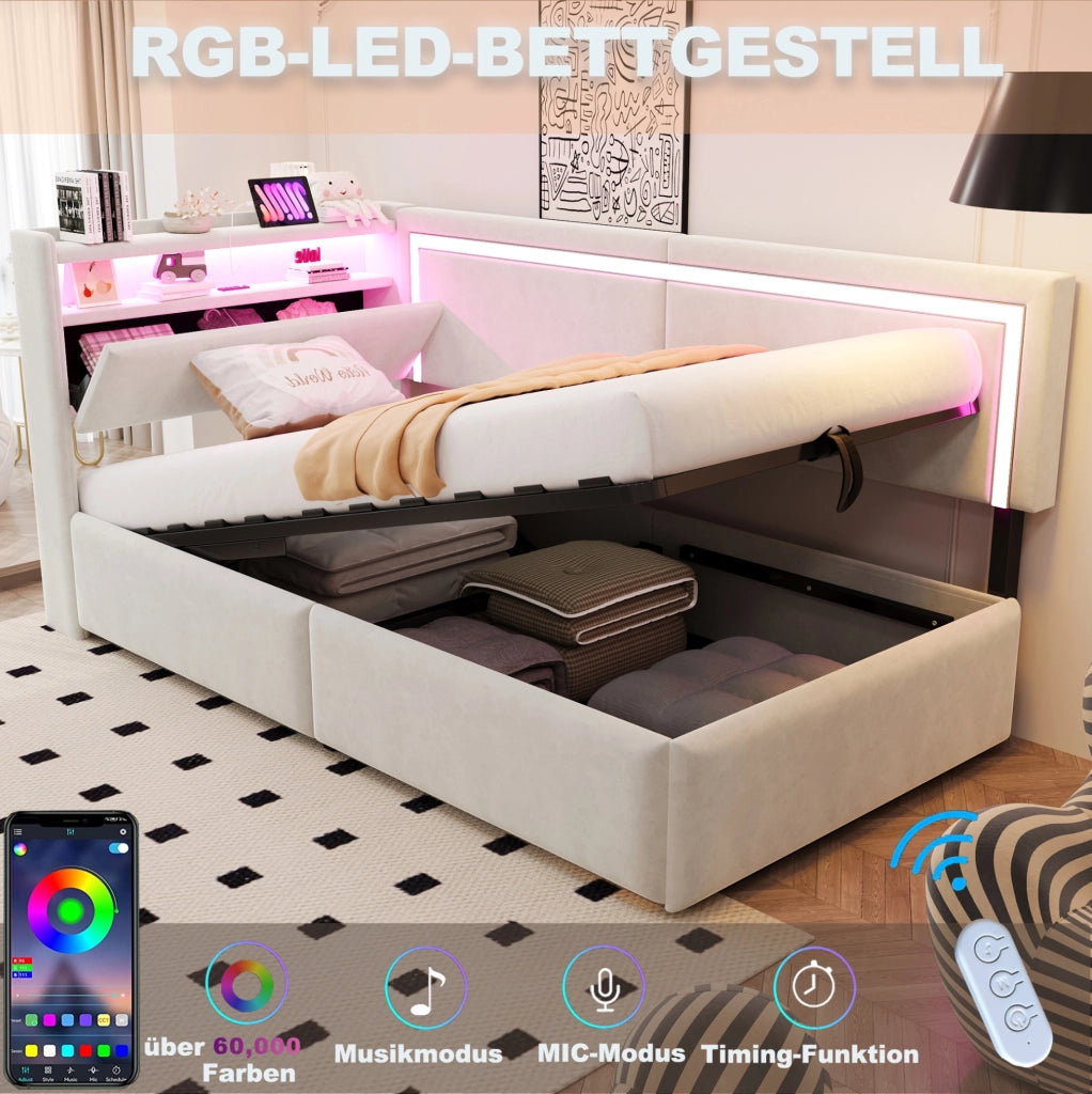 Divano letto imbottito 90x200 cm in velluto beige con LED; USB e contenitore