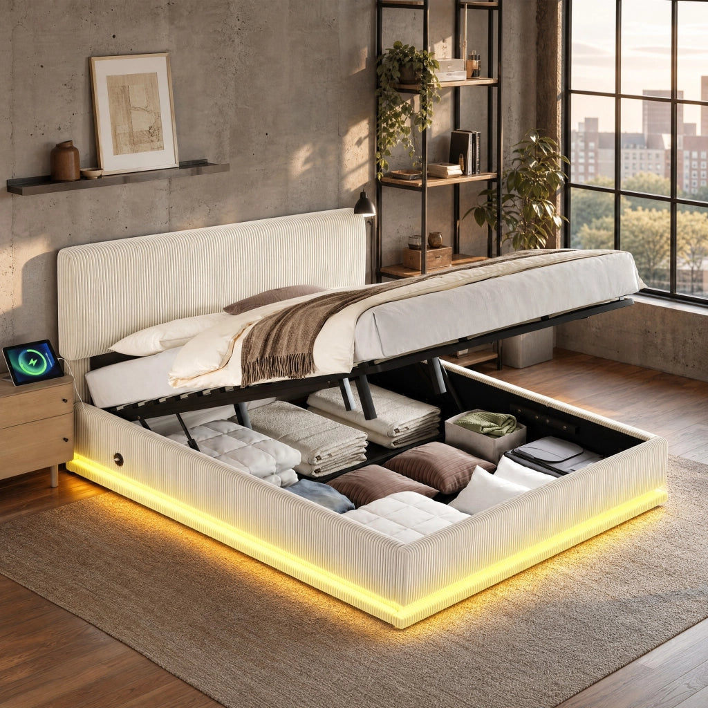 Letto matrimoniale imbottito 180x200 cm in tessuto corduroy beige; testiera regolabile con LED e USB-C