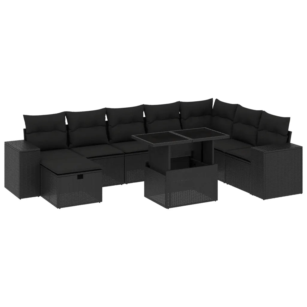 Set Divani da Giardino 9 pz con Cuscini Nero in Polyrattan