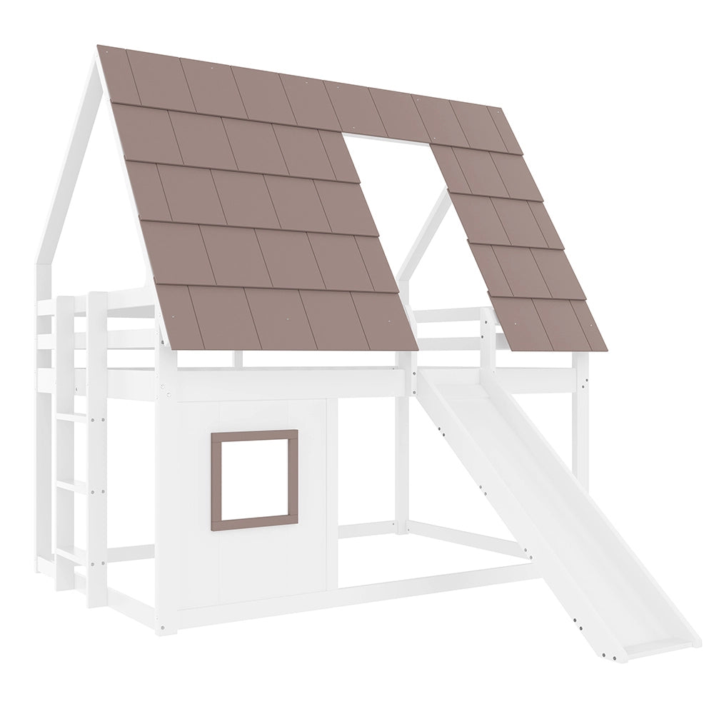 Letto a Castello con Tetto e Scivolo – Xylo – 140x200cm in Legno, Bianco/Marrone, con Scala