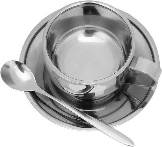 Set di tazze da caffè in acciaio inossidabile con piatto e cucchiaio, 6 tazze da caffè per Bar Cafe - Design lussuoso, resistente al calore.