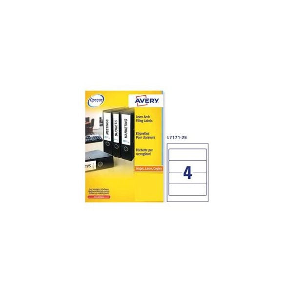 Etichette bianche per raccoglitori avery ultragrip? 60x200 mm - 4 et/foglio - stampanti laser - conf 25 fogli l7171-25 - 101909