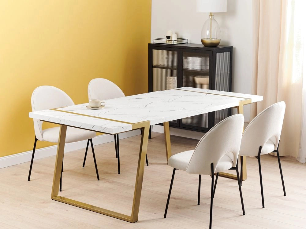 Tavolo da pranzo effetto marmo MDF 90 x 200 cm Piano in metallo gambe dorate 6 posti a sedere rettangolare Glamour
