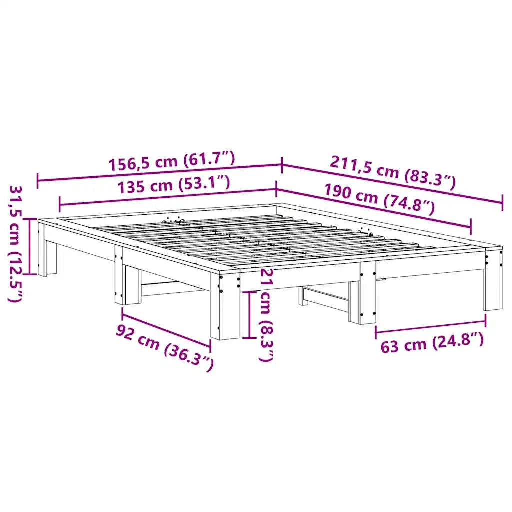 Letto senza Materasso-Struttura Letto Bianco 135x190 cm Legno Massello di Pino 346054