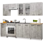 Set da cucina con vetrina AKORD OLIWIA 2,4 m Bianco 240 cm 11 ante 1 cassetto frontale Cemento 240×46×203 cm