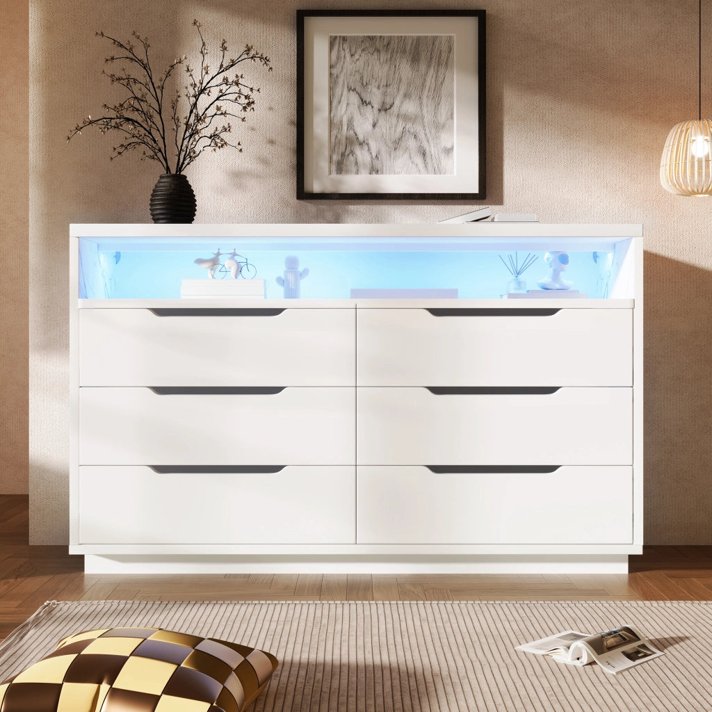 CREDENZA LED 120x40x85 cm Bianca con 6 cassetti