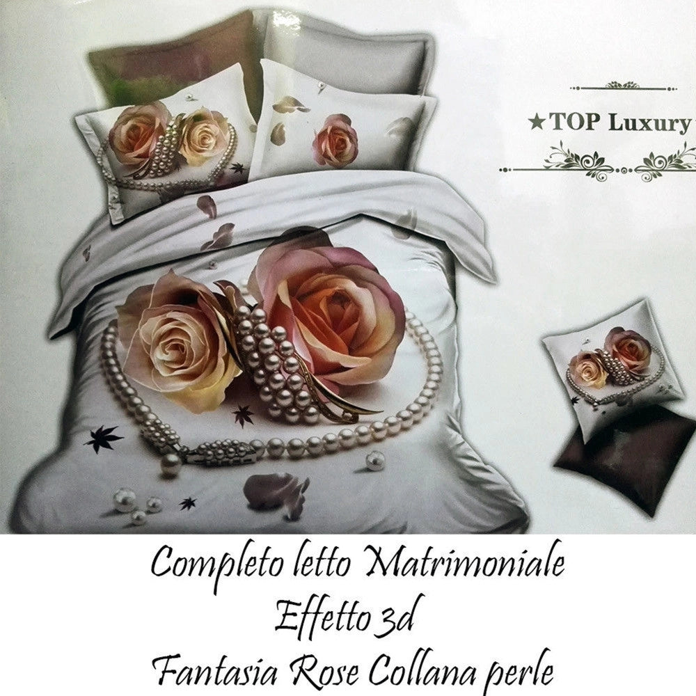 Trade Shop - Completo Letto 3d Lenzuola Matrimoniale Sotto Sopra Copricuscini Rose Con Perle -