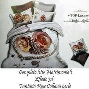 Trade Shop - Completo Letto 3d Lenzuola Matrimoniale Sotto Sopra Copricuscini Rose Con Perle -
