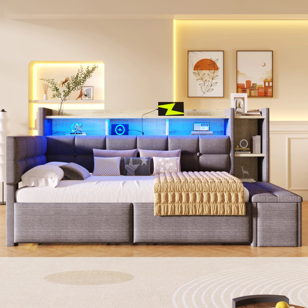 OKWISH Letto a Divano 90×190 cm, Letto Singolo con 2 Cassetti, USB, Tipo C, Mensola e LED Regolabile, senza Materasso, Velluto, Grigio Scuro