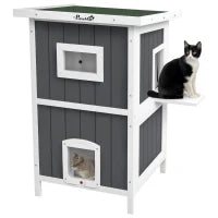 Cuccia per Gatti da Esterno in Legno a 2 Livelli con Tetto in Asfalto e 4 Porte, 60x60x90.5cm, Grigio