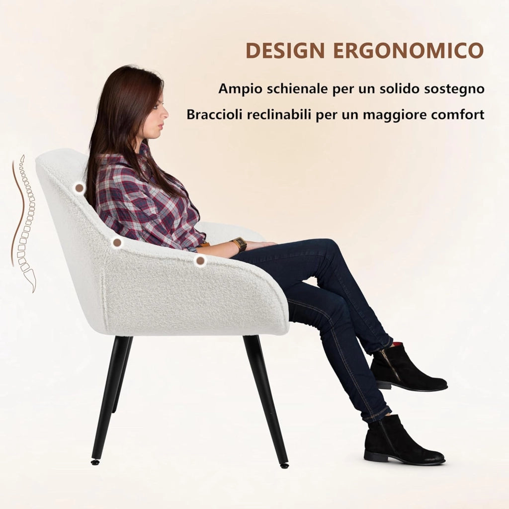 Poltrona Relax Lounge, Sedia Moderna, Poltrona per Camera da Letto Soggiorno, Poltroncina in Velluto di Agnello con Gambe in Metallo, Portata 150 kg, Crema, SKS47cm