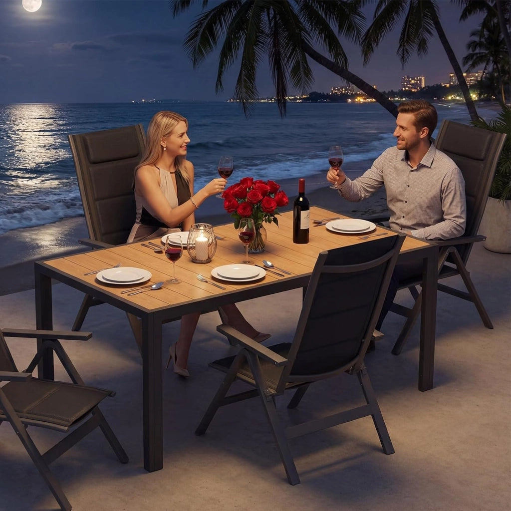 Set Tavolo e Sedie da Giardino 5 Pezzi, Composto da Tavolo 150 cm in Alluminio e 4 Sedie Pieghevoli, Tavolo da Giardino con Finitura a Vena di Legno con Sedie da Terrazza, Balcone, Naturale