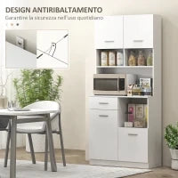 Mobile Dispensa in Legno con Cassetto, 4 Armadietti e 3 Ripiani Aperti, 80x35x180 cm, Bianco
