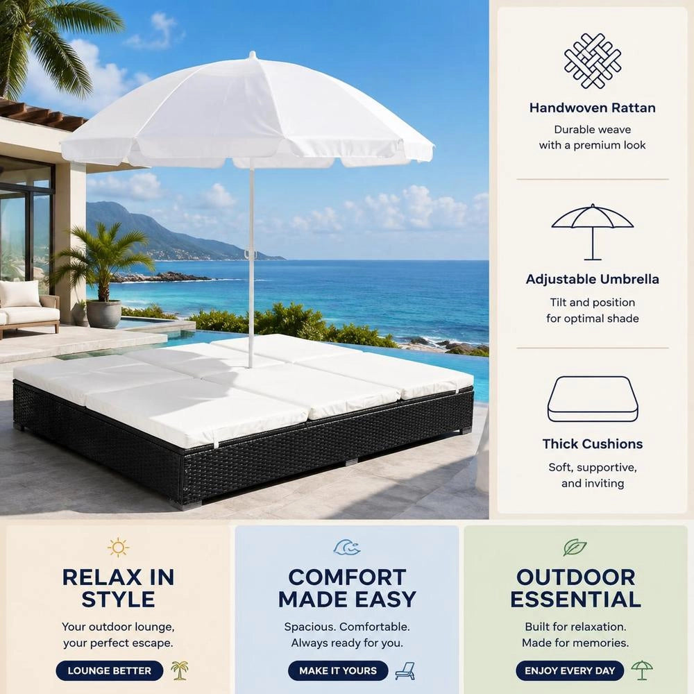 Outdoor Lounge Bed With Parasol, Poly Rattan, Black